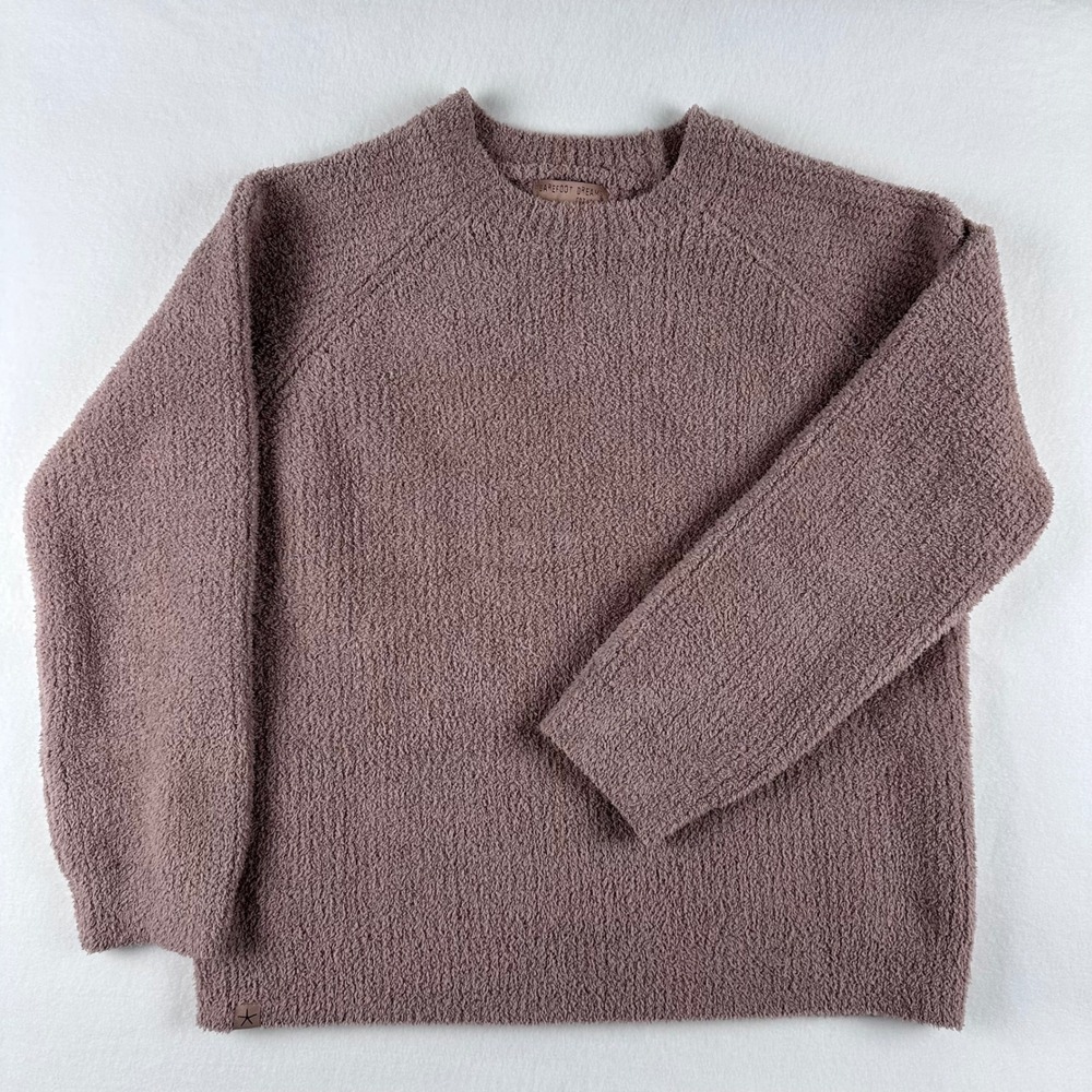 Barefoot Dreams CozyChic Crewneck Sweater Rosy Beige Raglan Fuzzy Knit Medium